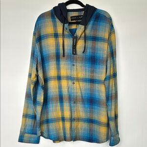 Edgar + Ash Blue and Yellow Plaid Flannel Button-Up Hooded Shirt